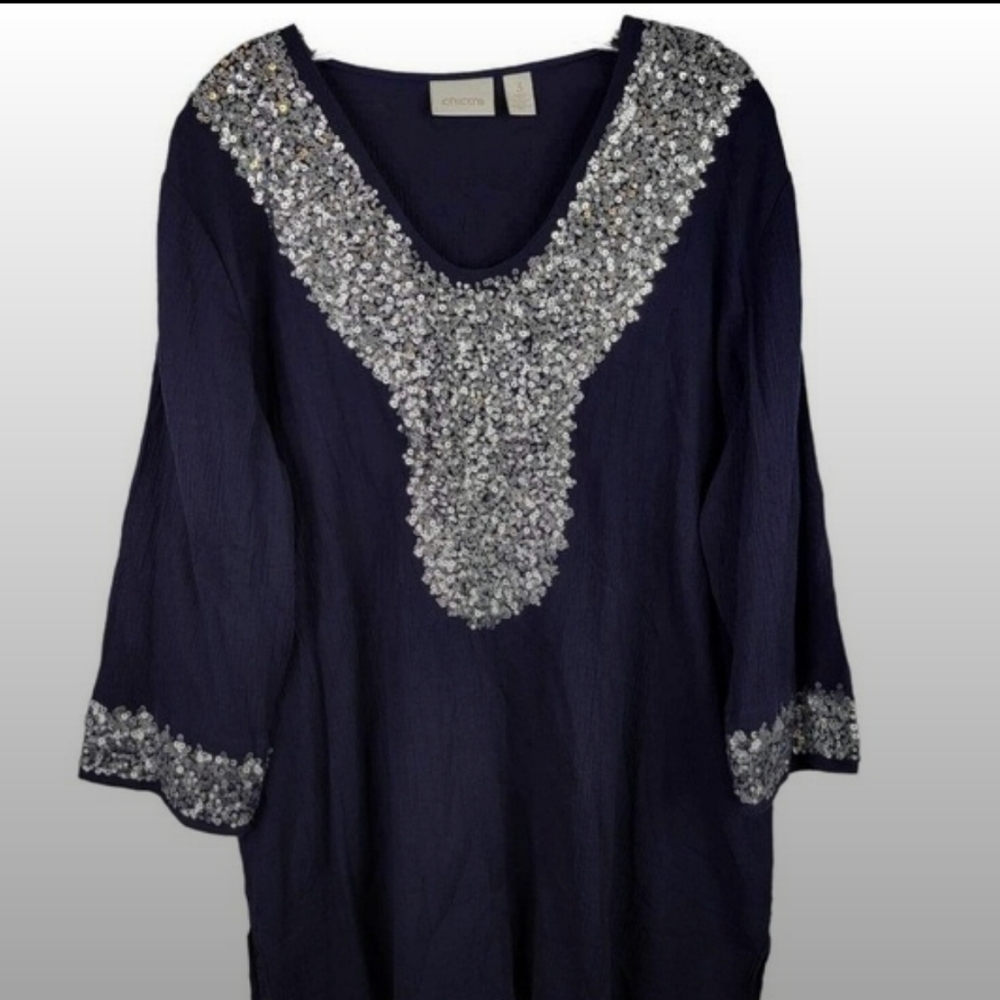 Chico's Navy Blue Tunic Size 3 (XL) Long Sleeve Sequin Trim